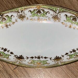 Source Unknown Green and Gold Oval celery serving dish